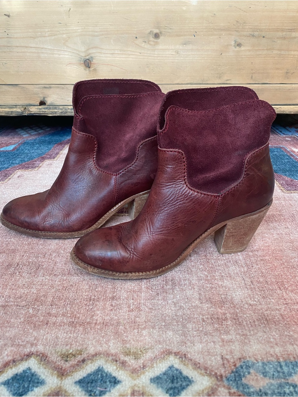 Anthropologie Burgundy Suede & Leather Ankle Boots